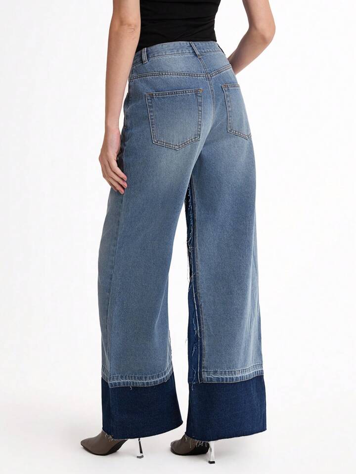 CM-BS052067 Women Casual Seoul Style Light Wash Colorblock Insert Pocket Loose Fit Wide Leg Jeans