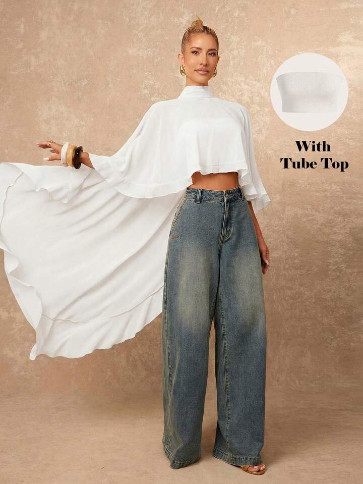 CM-TS820927 Women Casual Seoul Style Asymmetric Ruffle Hem Loose Collar Shawl Blouse - White