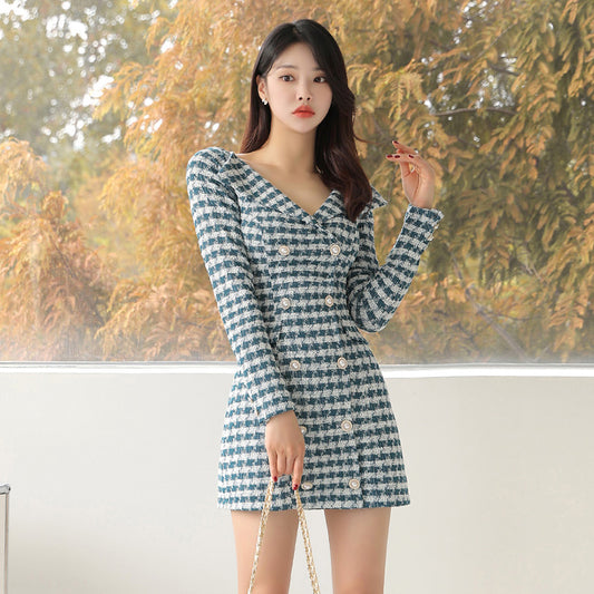 CM-DY000021 Women Elegant Seoul Style V-Neck Long Sleeve Slim Mini Dress