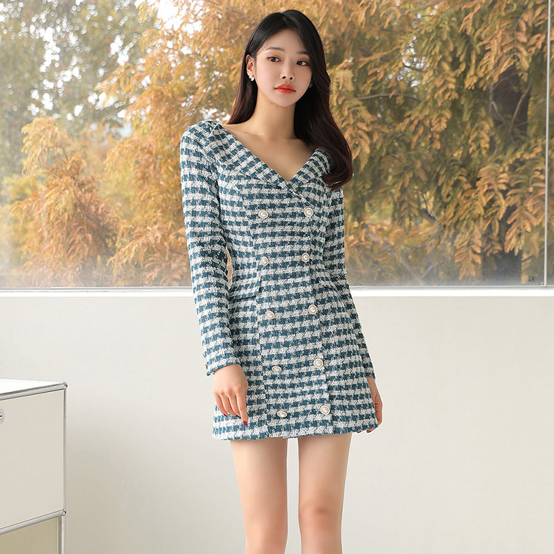 CM-DY000021 Women Elegant Seoul Style V-Neck Long Sleeve Slim Mini Dress