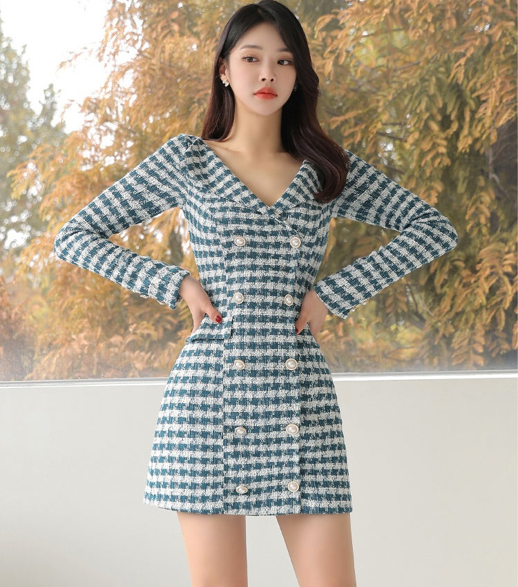 CM-DY000021 Women Elegant Seoul Style V-Neck Long Sleeve Slim Mini Dress
