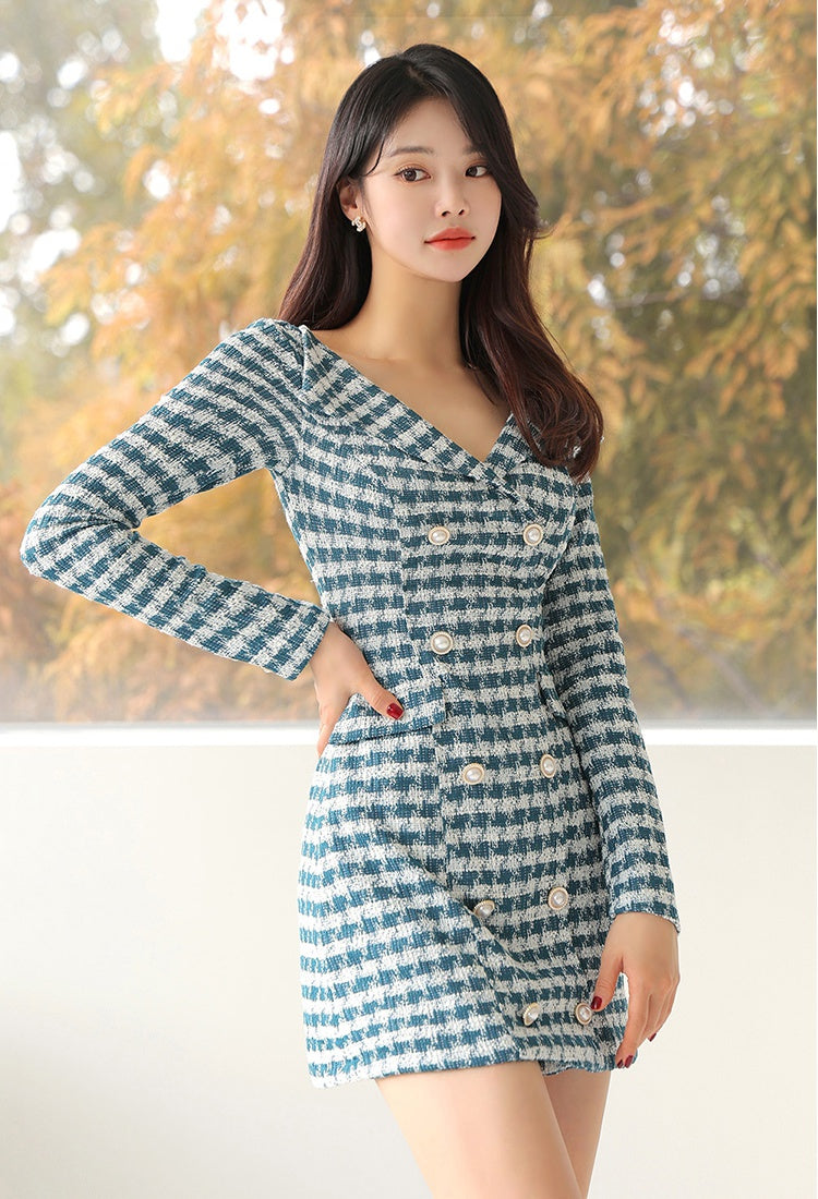 CM-DY000021 Women Elegant Seoul Style V-Neck Long Sleeve Slim Mini Dress