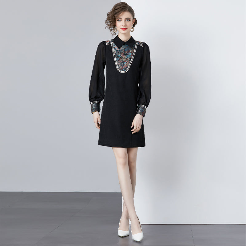 CM-DY000027 Women Elegant European Style Ribbon Transparent Sleeve Mini Dress - Black