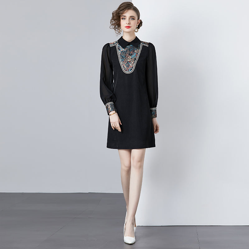 CM-DY000027 Women Elegant European Style Ribbon Transparent Sleeve Mini Dress - Black