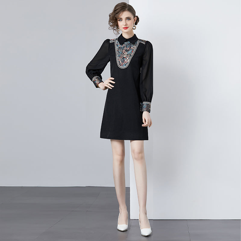 CM-DY000027 Women Elegant European Style Ribbon Transparent Sleeve Mini Dress - Black