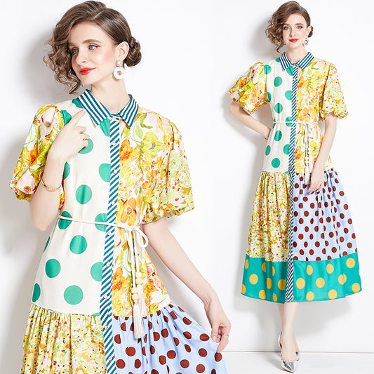 CM-DY000028 Women Retro European Style All Over Print Lanter Sleeve Maxi Dress