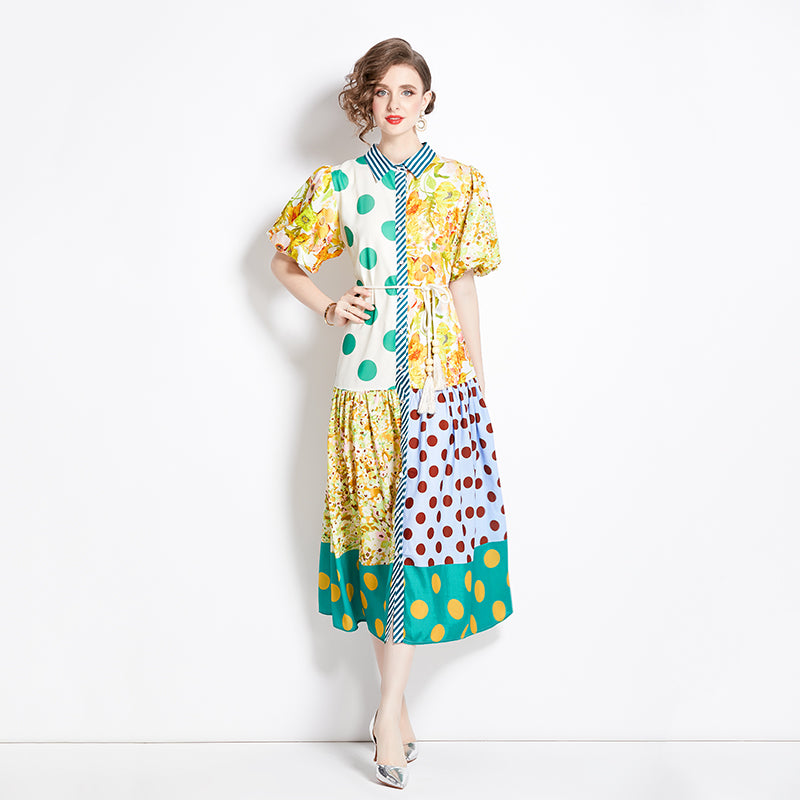 CM-DY000028 Women Retro European Style All Over Print Lanter Sleeve Maxi Dress