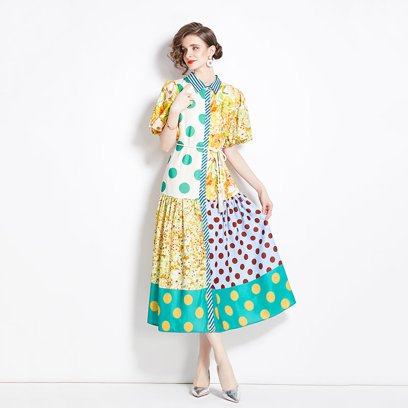 CM-DY000028 Women Retro European Style All Over Print Lanter Sleeve Maxi Dress