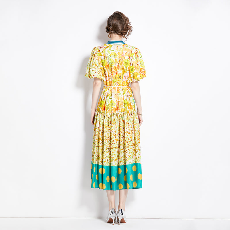CM-DY000028 Women Retro European Style All Over Print Lanter Sleeve Maxi Dress