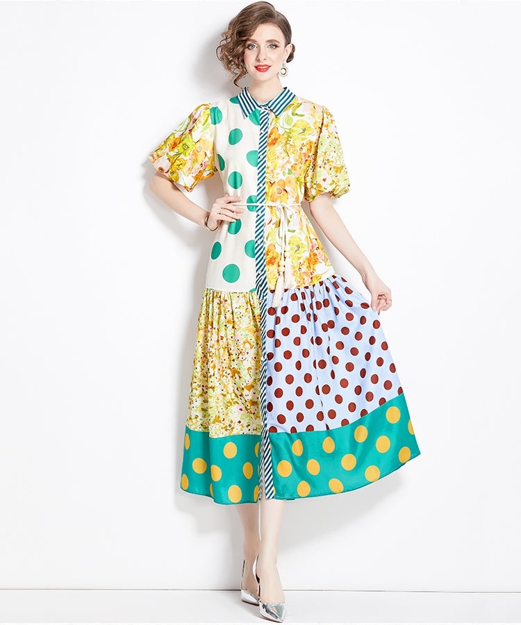 CM-DY000028 Women Retro European Style All Over Print Lanter Sleeve Maxi Dress