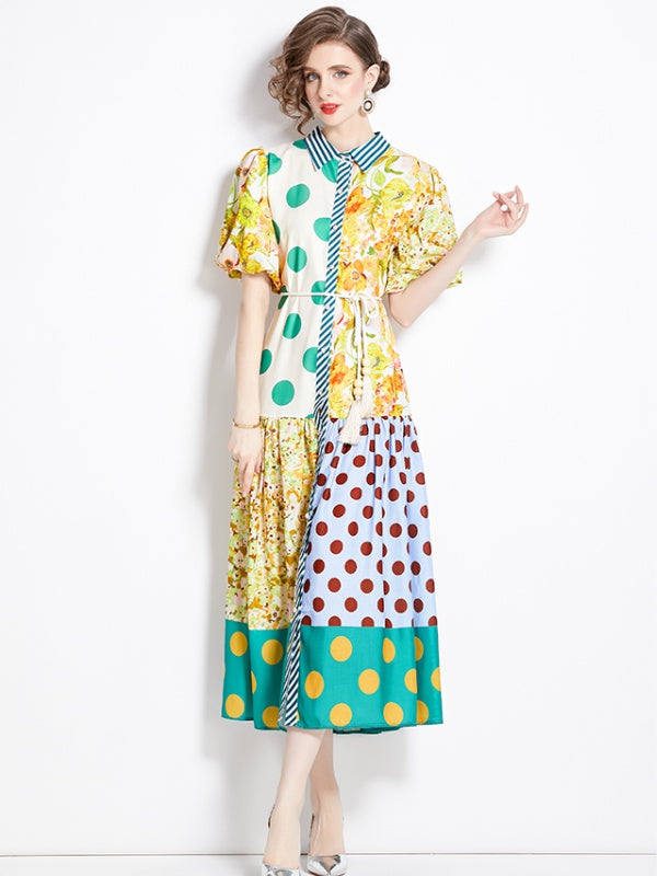 CM-DY000028 Women Retro European Style All Over Print Lanter Sleeve Maxi Dress
