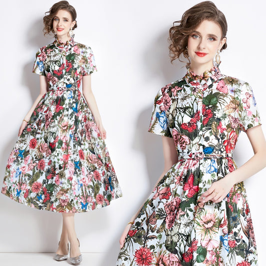 CM-DY000044 Women Elegant European Style Butterfly Prints Short Sleeve Slim Dress