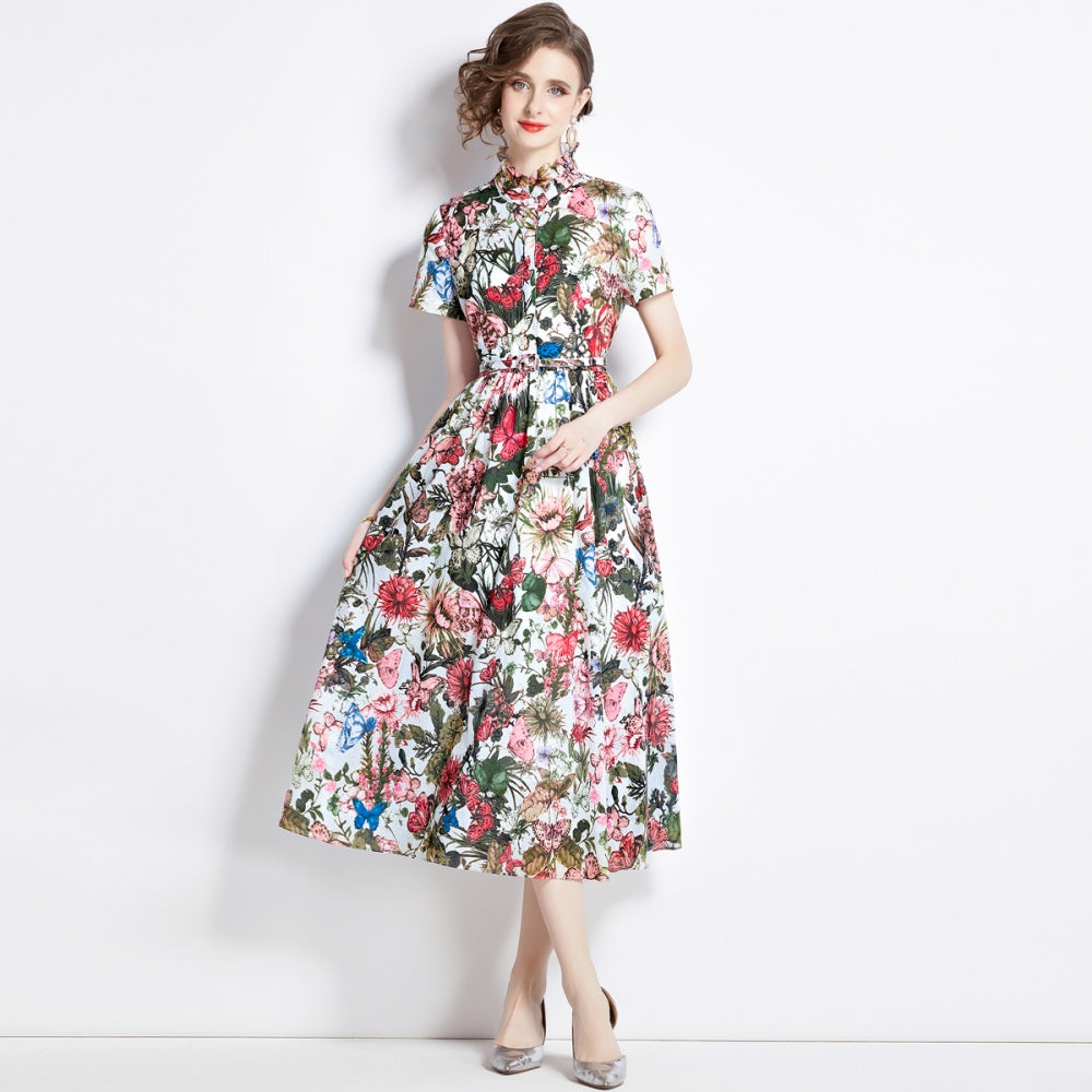 CM-DY000044 Women Elegant European Style Butterfly Prints Short Sleeve Slim Dress