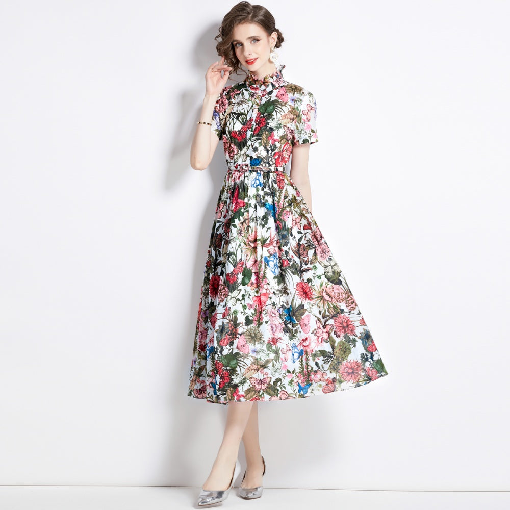 CM-DY000044 Women Elegant European Style Butterfly Prints Short Sleeve Slim Dress