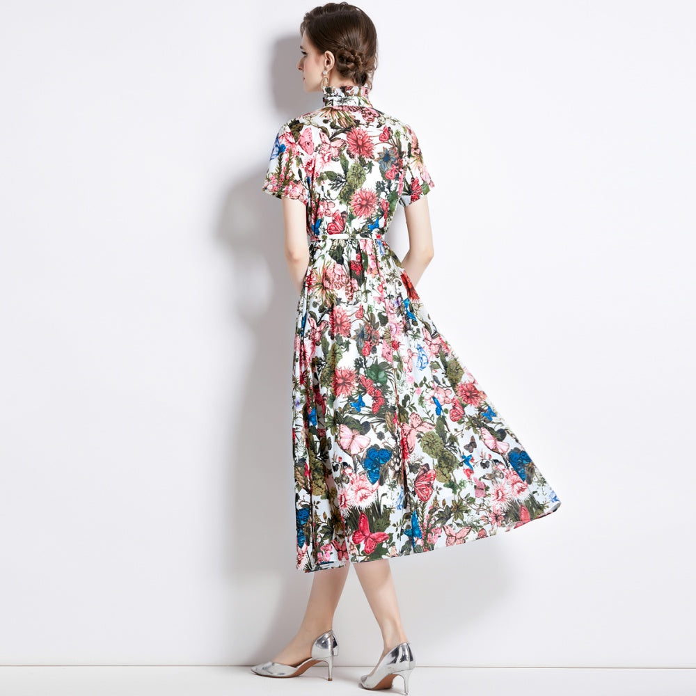 CM-DY000044 Women Elegant European Style Butterfly Prints Short Sleeve Slim Dress