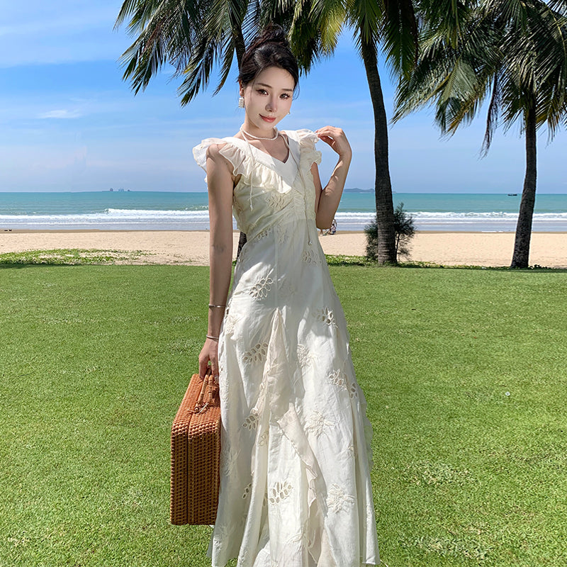CM-DY000048 Women Trendy Bohemian Style V-Neck Sleeveless Maxi Dress - White