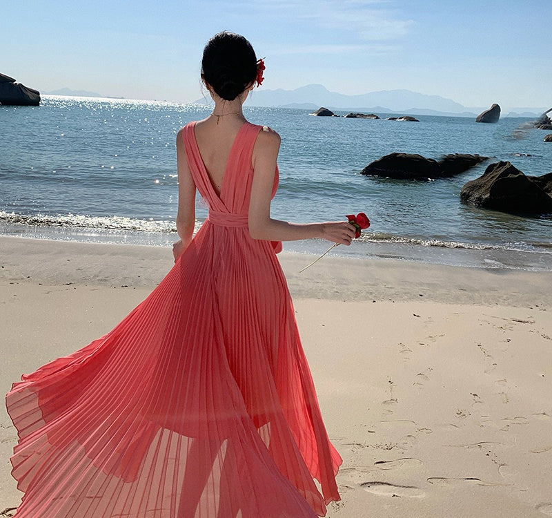 CM-DY000209 Women Trendy Bohemian Style Sleeveless Chiffon Maxi Dress - Red