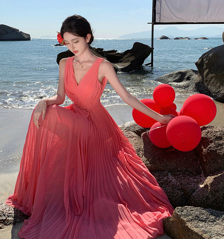 CM-DY000209 Women Trendy Bohemian Style Sleeveless Chiffon Maxi Dress - Red
