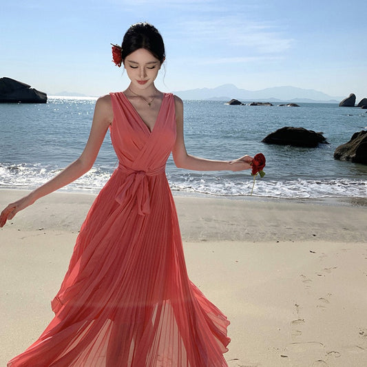 CM-DY000209 Women Trendy Bohemian Style Sleeveless Chiffon Maxi Dress - Red