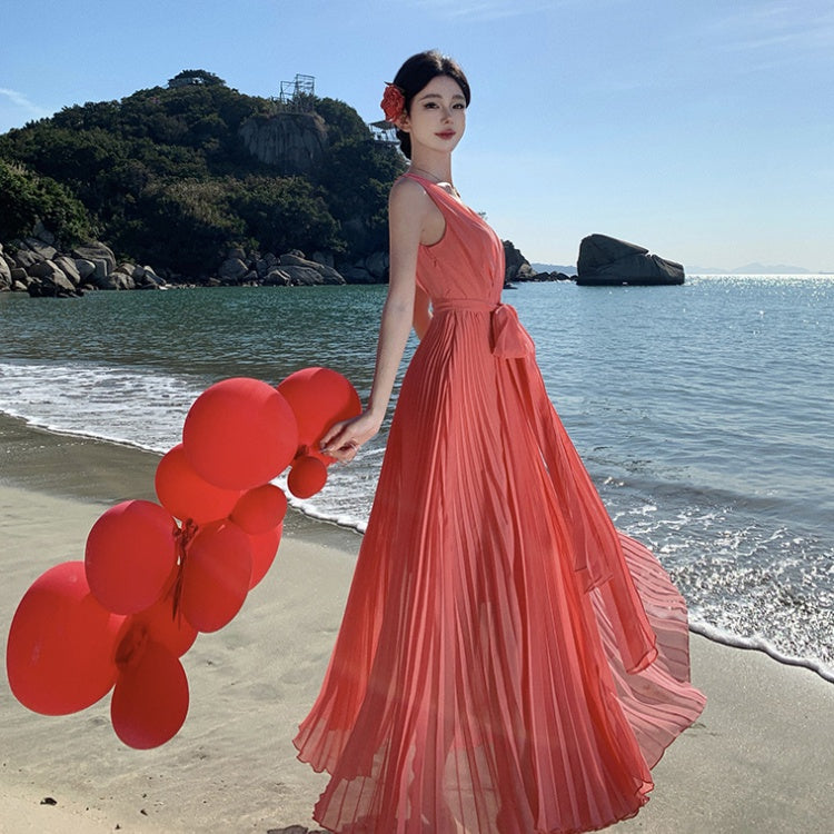 CM-DY000209 Women Trendy Bohemian Style Sleeveless Chiffon Maxi Dress - Red