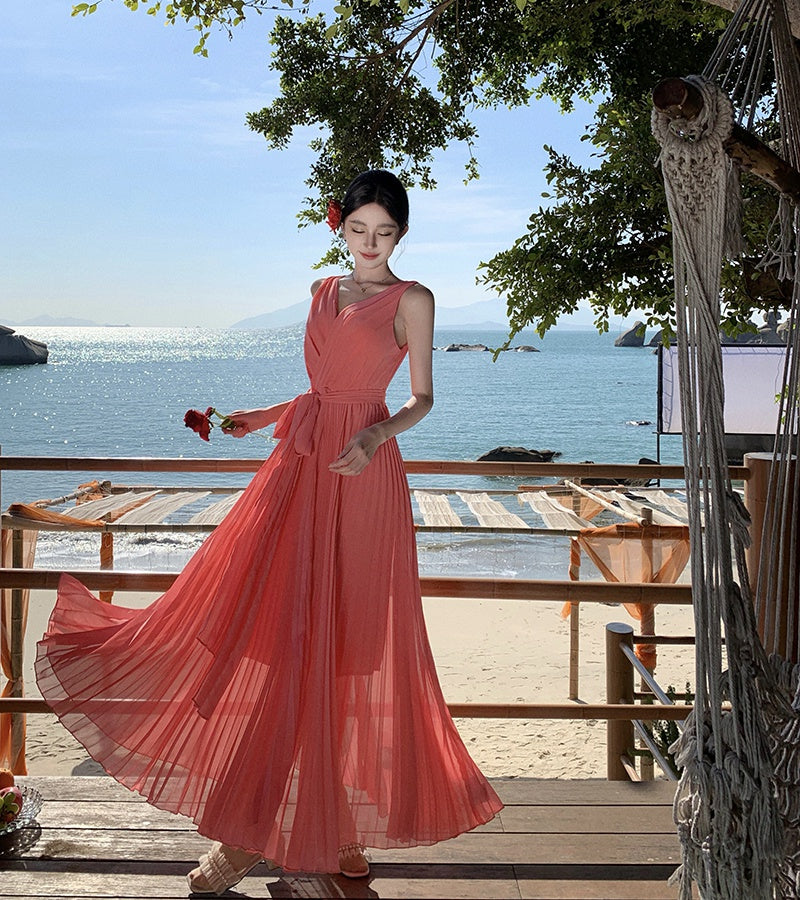 CM-DY000209 Women Trendy Bohemian Style Sleeveless Chiffon Maxi Dress - Red