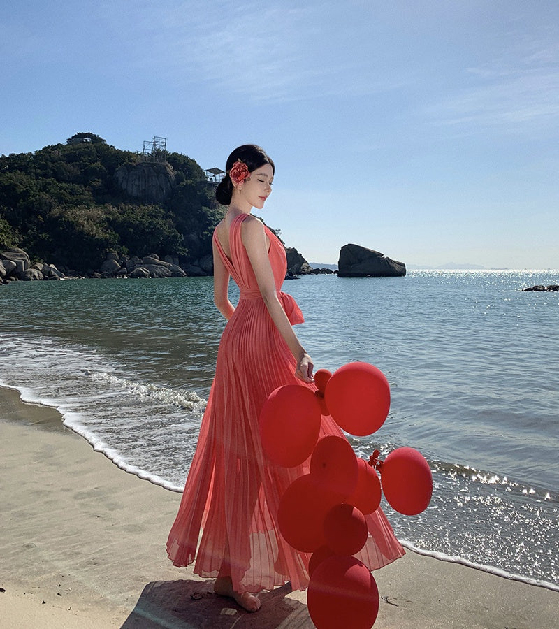 CM-DY000209 Women Trendy Bohemian Style Sleeveless Chiffon Maxi Dress - Red