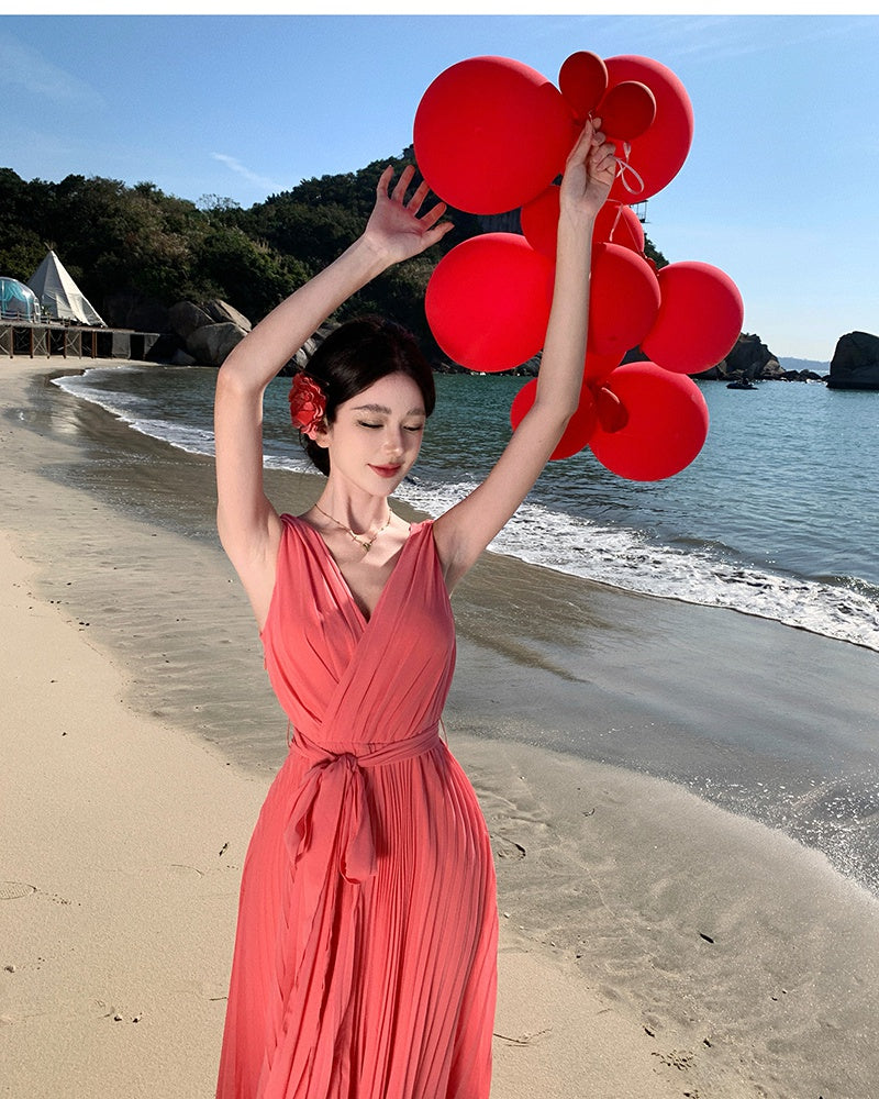 CM-DY000209 Women Trendy Bohemian Style Sleeveless Chiffon Maxi Dress - Red