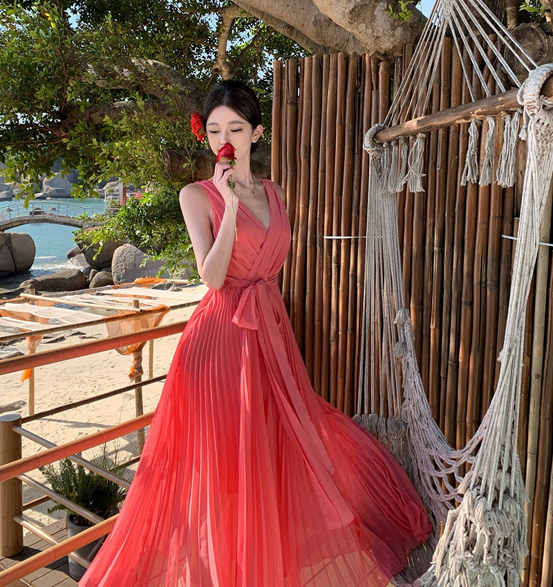 CM-DY000209 Women Trendy Bohemian Style Sleeveless Chiffon Maxi Dress - Red