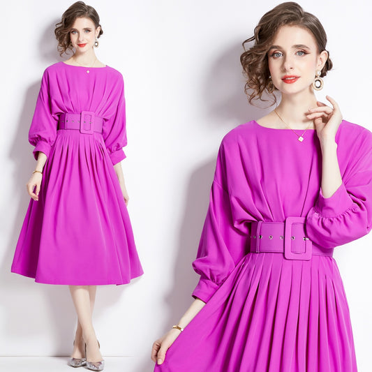 CM-DY000308 Women Elegant European Style Bat Sleeve High Waist Pleated Slim Dress - Purple