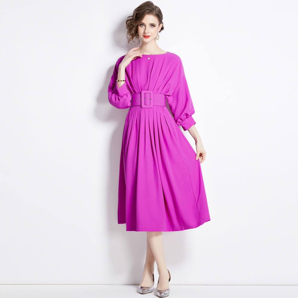 CM-DY000308 Women Elegant European Style Bat Sleeve High Waist Pleated Slim Dress - Purple