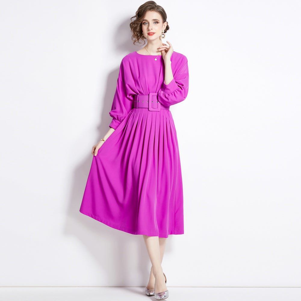 CM-DY000308 Women Elegant European Style Bat Sleeve High Waist Pleated Slim Dress - Purple