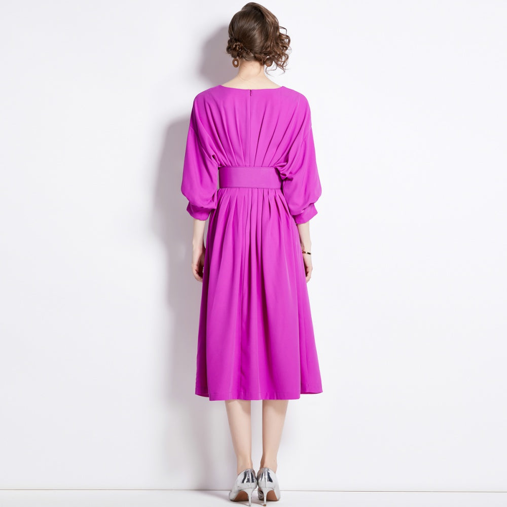 CM-DY000308 Women Elegant European Style Bat Sleeve High Waist Pleated Slim Dress - Purple