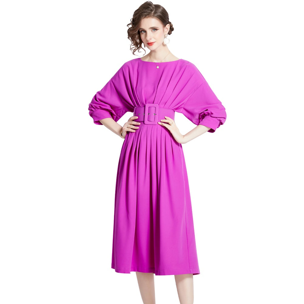CM-DY000308 Women Elegant European Style Bat Sleeve High Waist Pleated Slim Dress - Purple