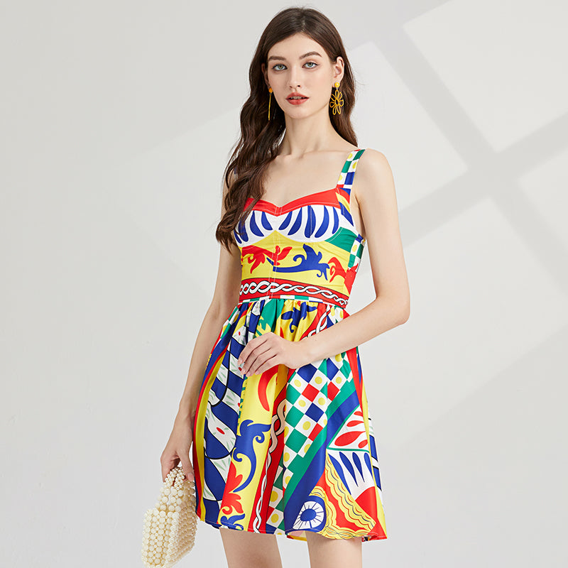 CM-DY000335 Women Elegant European Style Sleeveless High Waist A-Line Dress