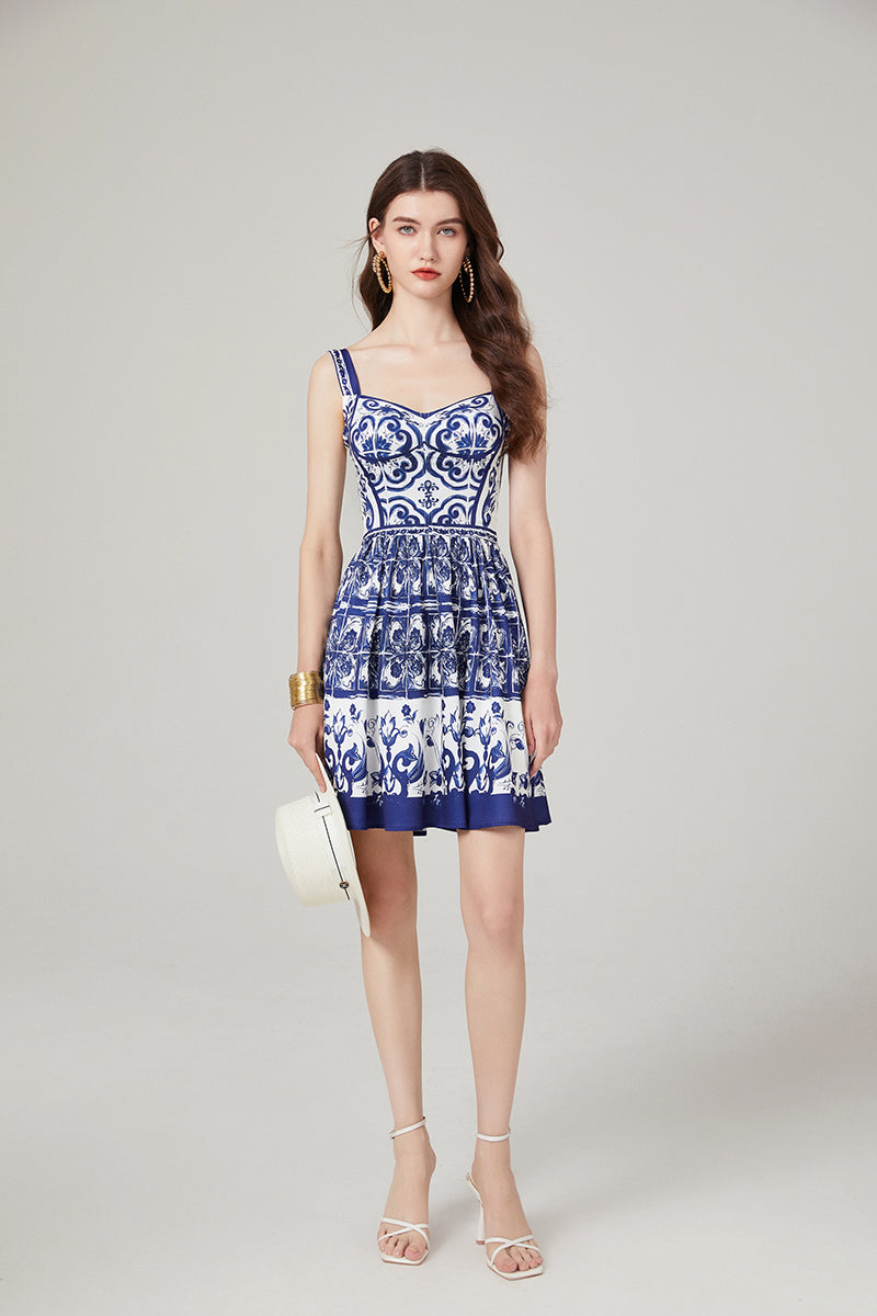 CM-DY000338 Women Elegant European Style Printing Sleeveless High Waist Slim Dress (Available in 2 colors)