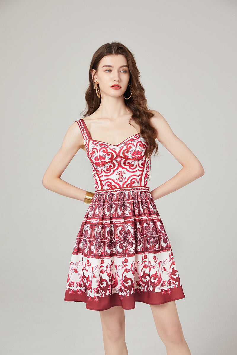 CM-DY000338 Women Elegant European Style Printing Sleeveless High Waist Slim Dress (Available in 2 colors)