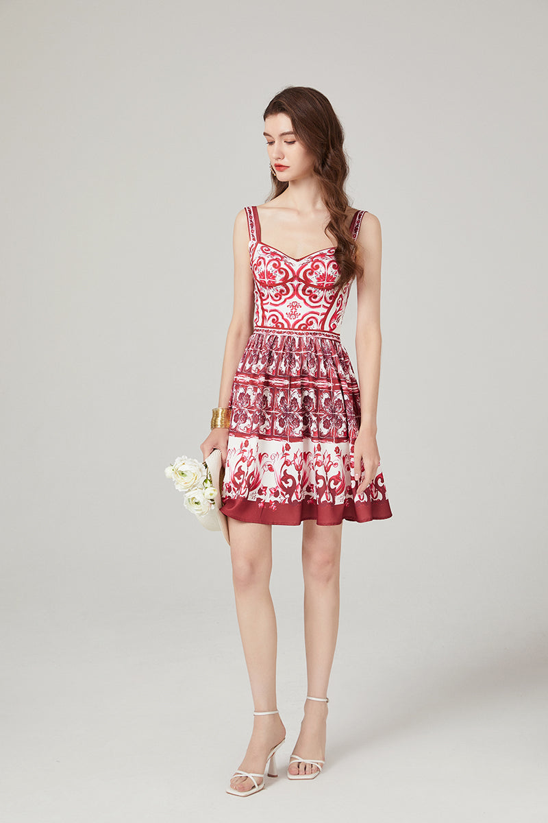 CM-DY000338 Women Elegant European Style Printing Sleeveless High Waist Slim Dress (Available in 2 colors)