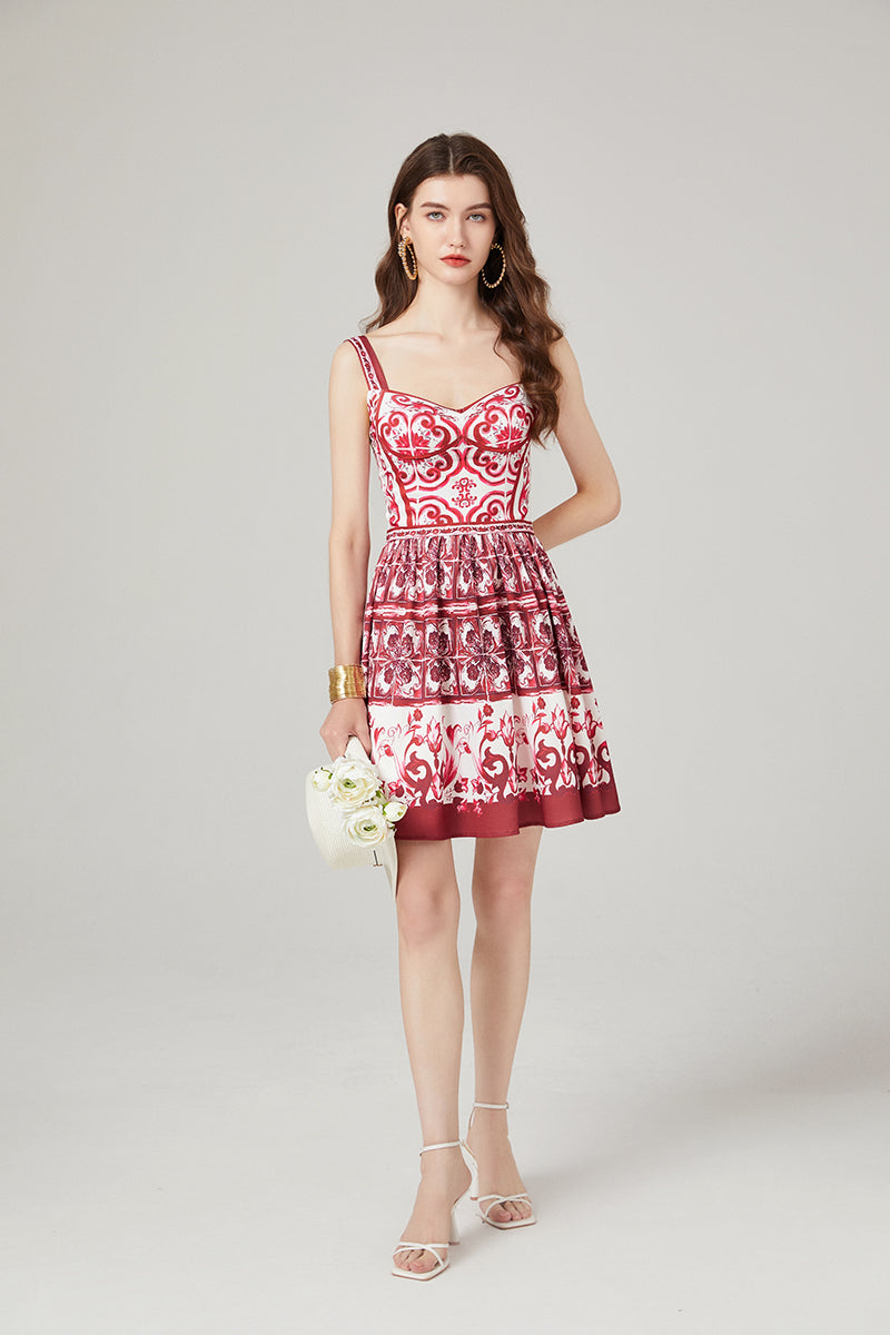 CM-DY000338 Women Elegant European Style Printing Sleeveless High Waist Slim Dress (Available in 2 colors)