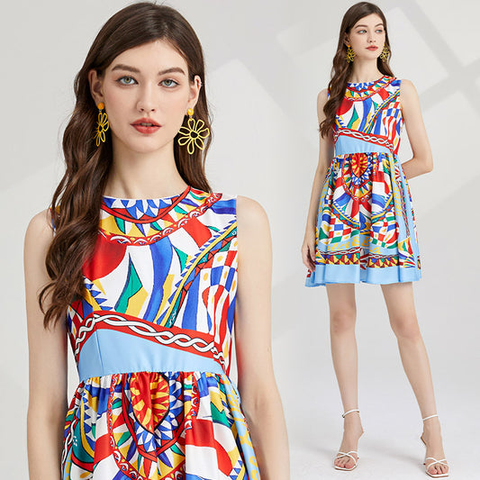 CM-DY000339 Women Elegant European Style Printing Round Neck High Waist Mini Dress