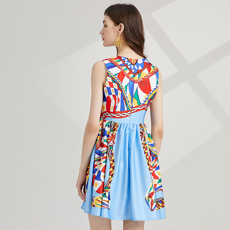 CM-DY000339 Women Elegant European Style Printing Round Neck High Waist Mini Dress