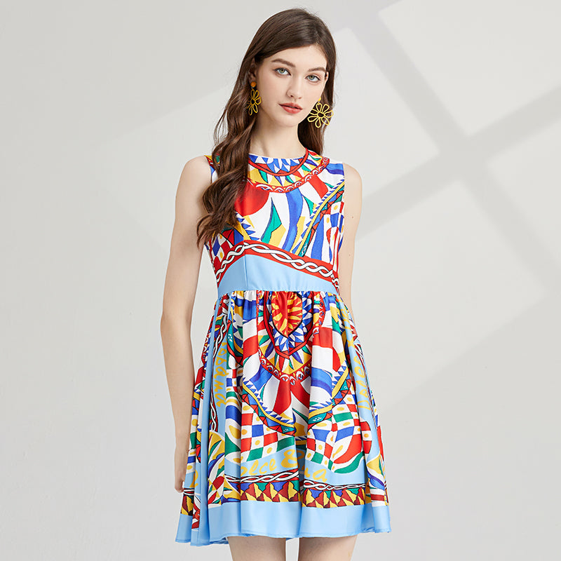 CM-DY000339 Women Elegant European Style Printing Round Neck High Waist Mini Dress