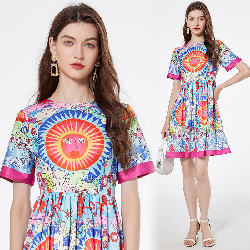 CM-DY000341 Women Elegant European Style Round Neck Short Sleeve Mini Dress