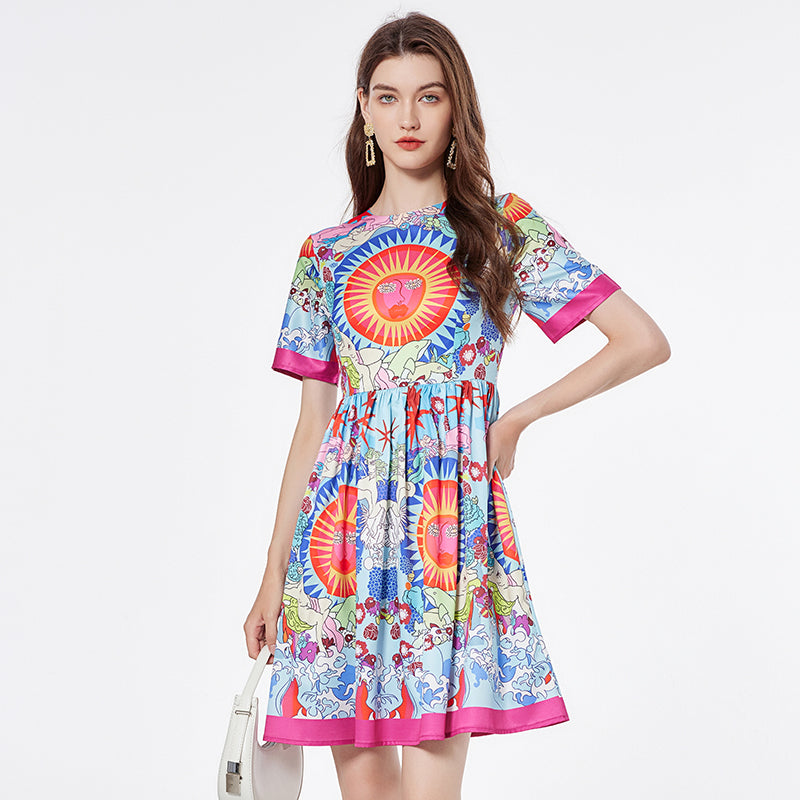 CM-DY000341 Women Elegant European Style Round Neck Short Sleeve Mini Dress