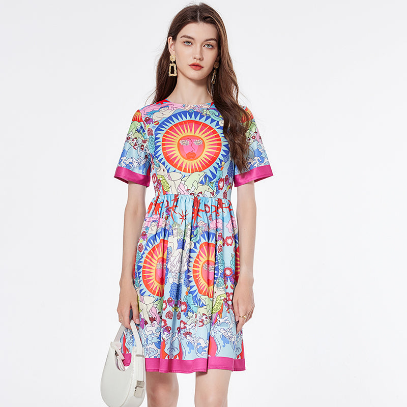 CM-DY000341 Women Elegant European Style Round Neck Short Sleeve Mini Dress