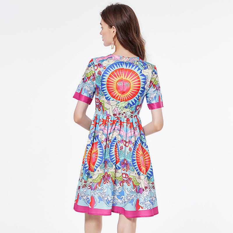 CM-DY000341 Women Elegant European Style Round Neck Short Sleeve Mini Dress
