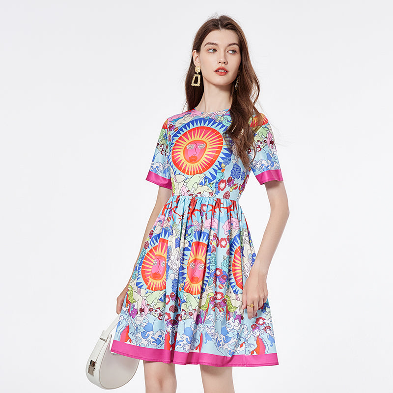 CM-DY000341 Women Elegant European Style Round Neck Short Sleeve Mini Dress