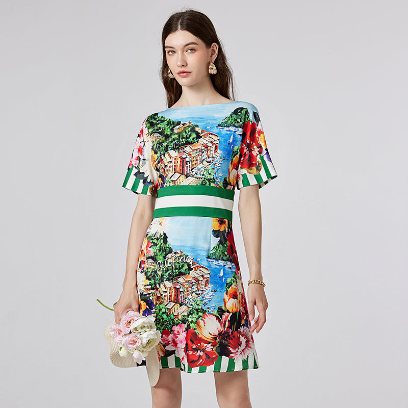 CM-DY000342 Women Elegant European Style Horizontal Collar High Waist Slim Mini Dress