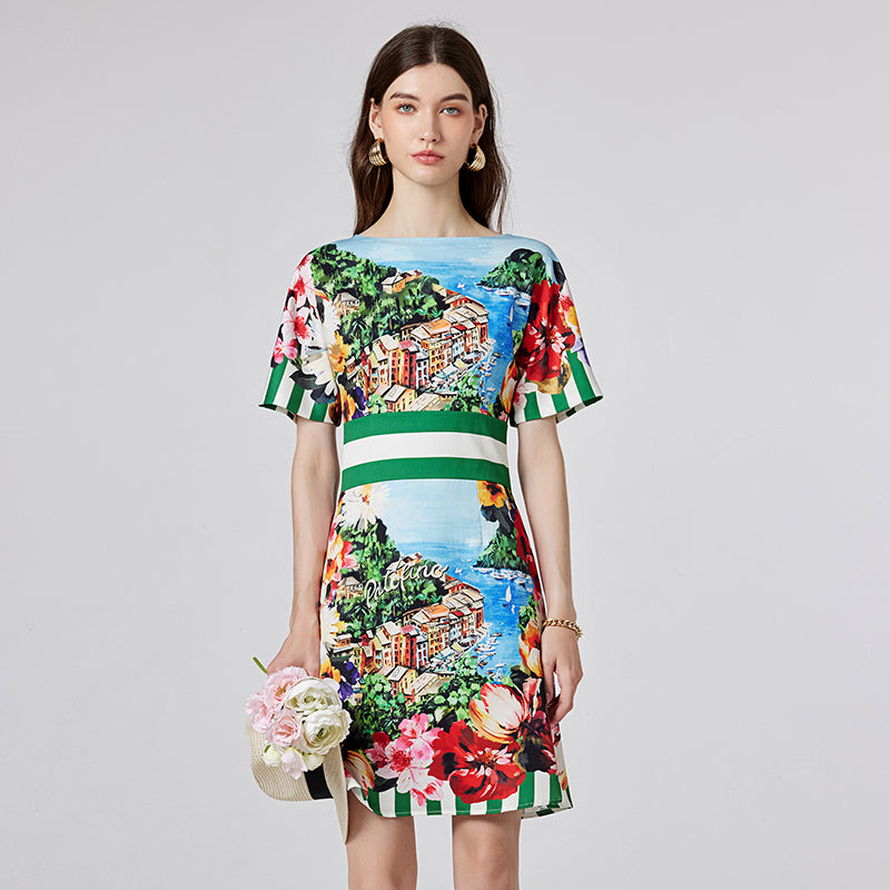CM-DY000342 Women Elegant European Style Horizontal Collar High Waist Slim Mini Dress