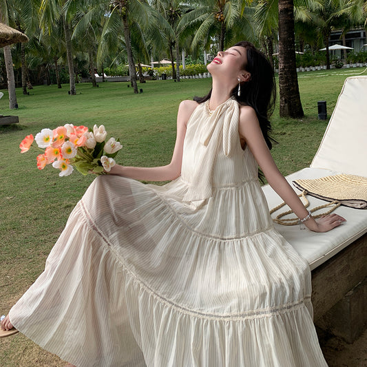 CM-DY000377 Women Trendy Bohemian Style Sleeveless Hollow Stripe Chiffon Maxi Dress