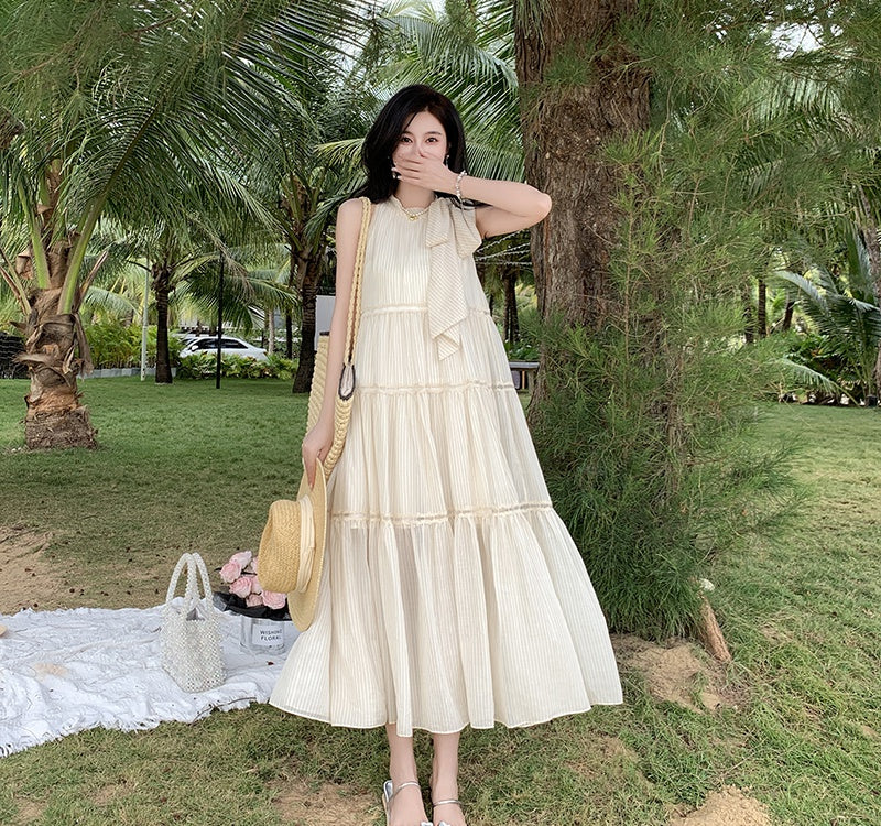CM-DY000377 Women Trendy Bohemian Style Sleeveless Hollow Stripe Chiffon Maxi Dress